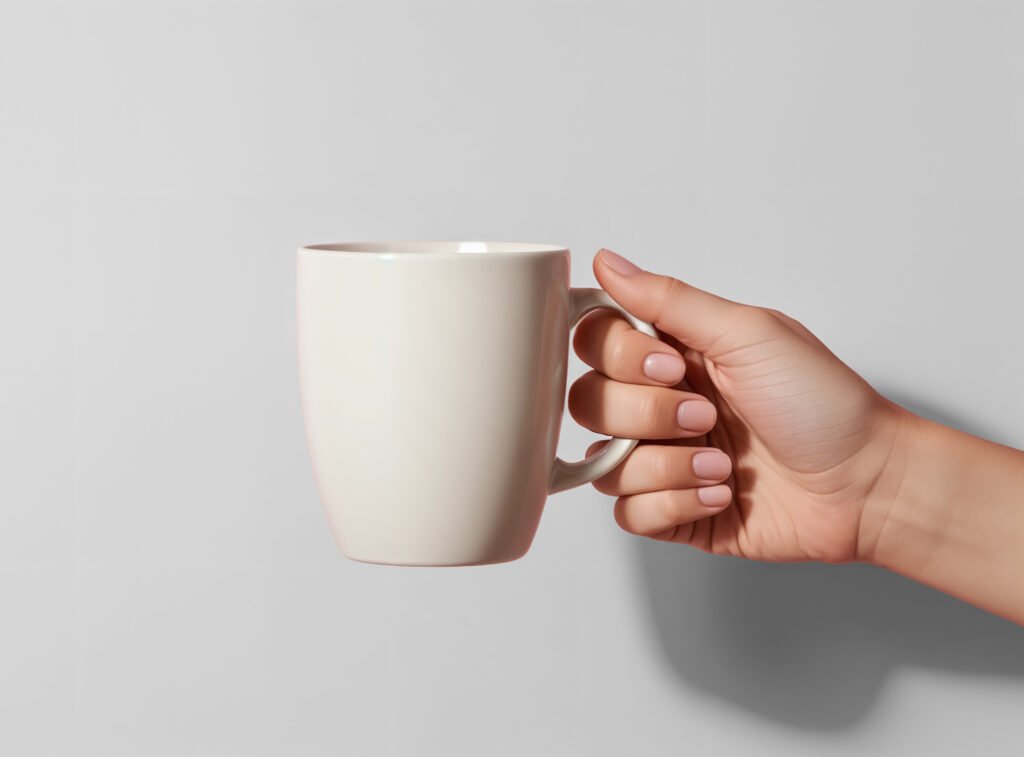 Woman's hand holding a blank coffee mug mockup