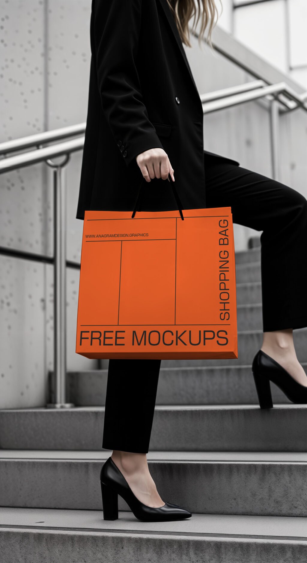 A woman in a black suit and heels holds an orange shopping bag labeled "FREE MOCKUPS" while walking up stairs
