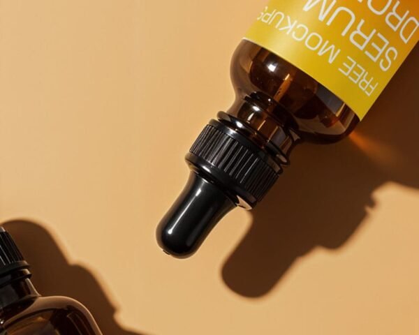 Amber glass serum dropper bottles with black caps arranged on a light beige background.