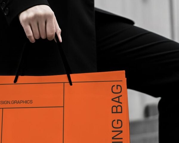 A woman in a black suit and heels holds an orange shopping bag labeled "FREE MOCKUPS" while walking up stairs