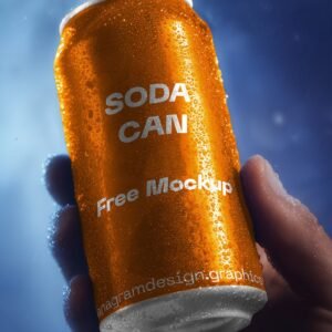 A hand holding an orange can with condensation droplets, against a blue background.