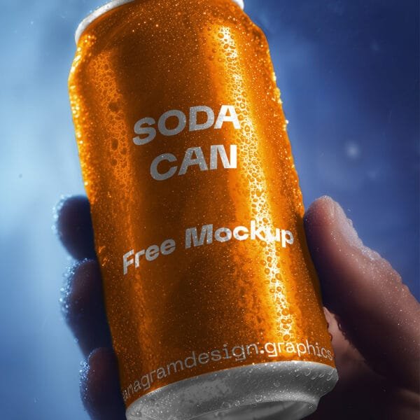 A hand holding an orange can with condensation droplets, against a blue background.