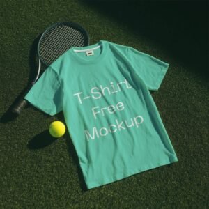A mint green t-shirt lies flat on a tennis court, next to a tennis racket and a yellow tennis ball