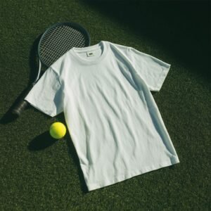 A mint green t-shirt lies flat on a tennis court, next to a tennis racket and a yellow tennis ball