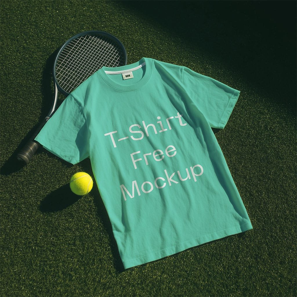 A mint green t-shirt lies flat on a tennis court, next to a tennis racket and a yellow tennis ball