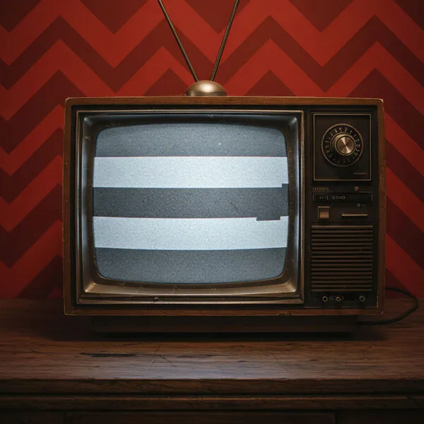 60s CRT tv with a glitched screen and a red pattern wallpaper
