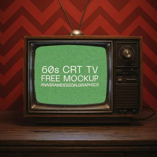60s CRT tv with a green screen and a red pattern wallpaper