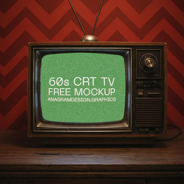 60s CRT tv with a green screen and a red pattern wallpaper