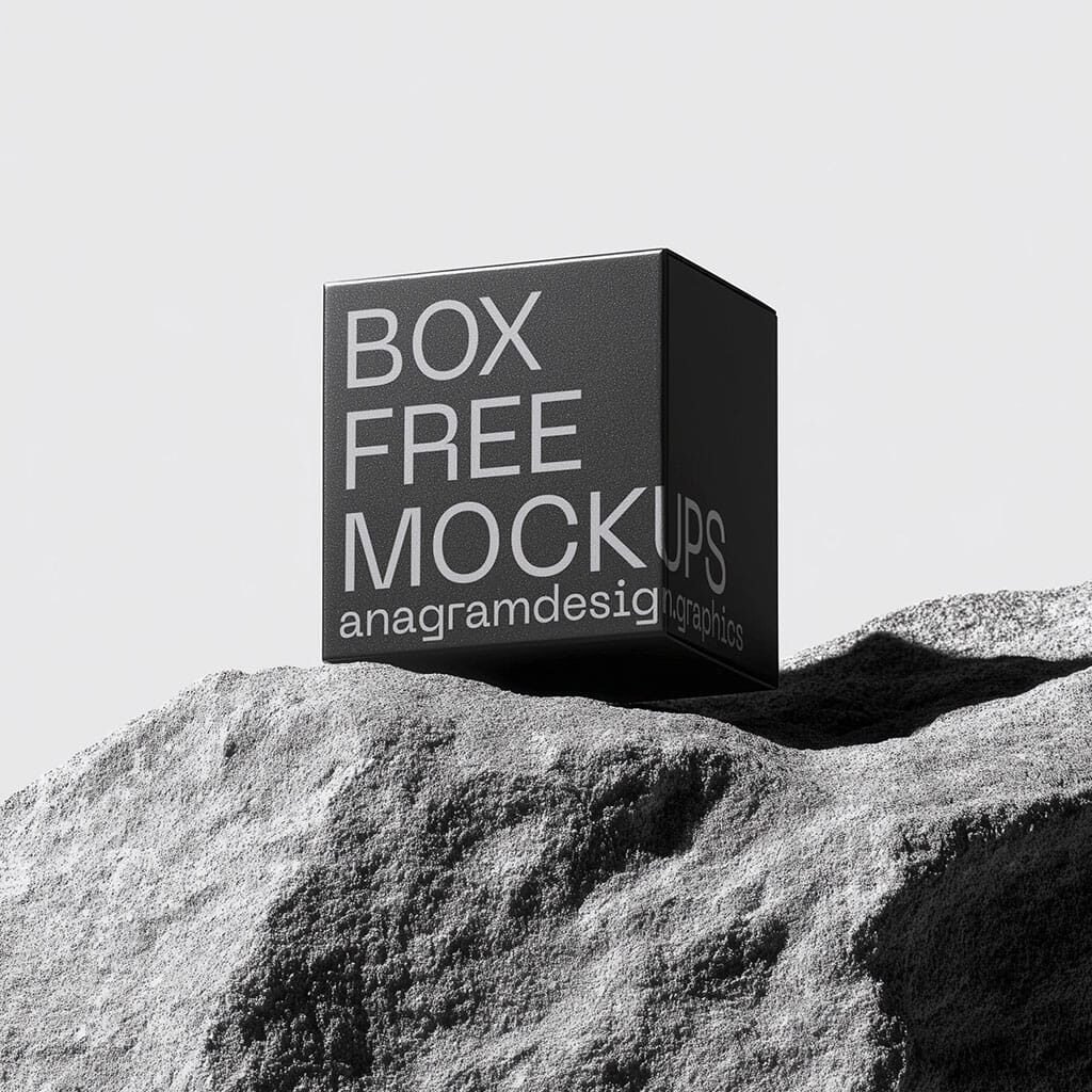 Square Box on a grey rock with hard shadows