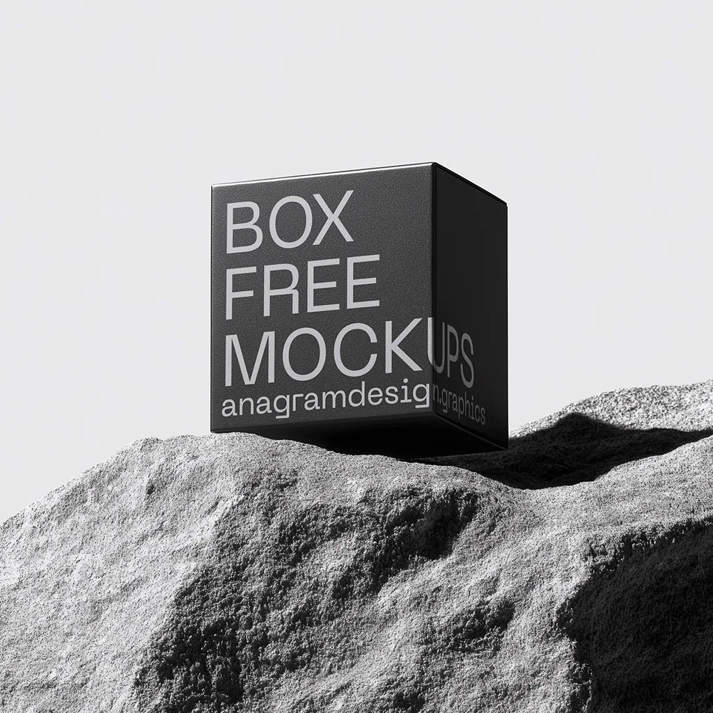 Square Box on a grey rock with hard shadows