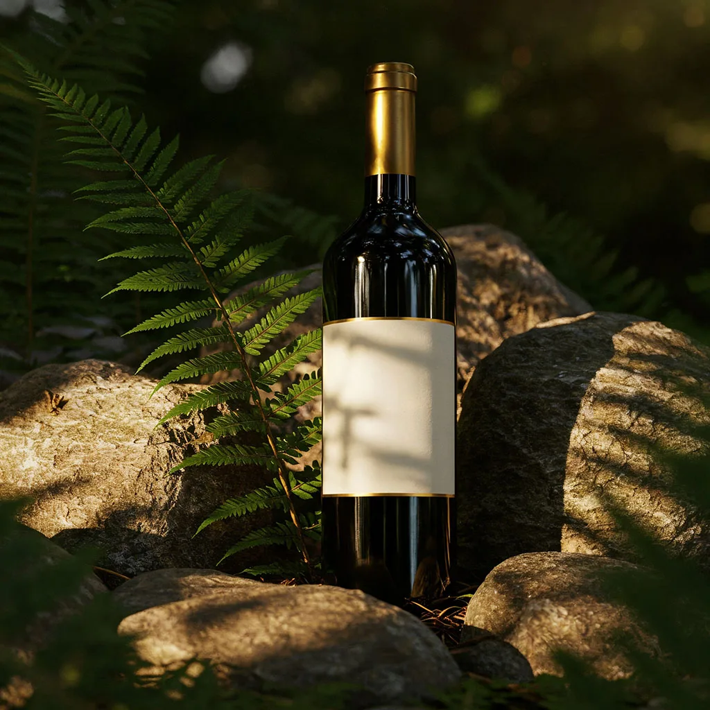 bottle of wine display on rocks, natural sunlight
