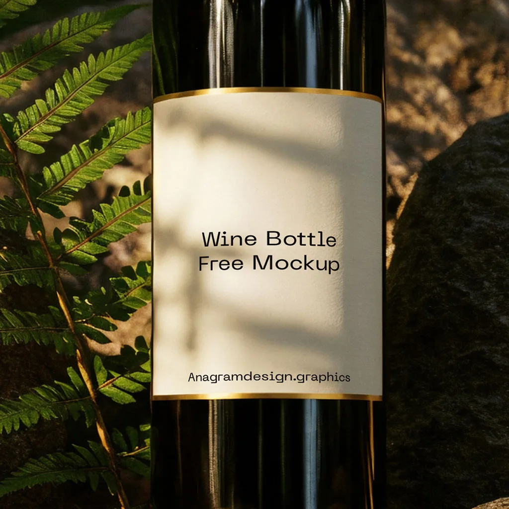 bottle of wine display on rocks, natural sunlight