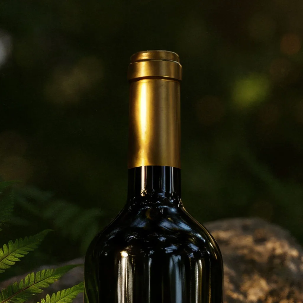 bottle of wine display on rocks, natural sunlight
