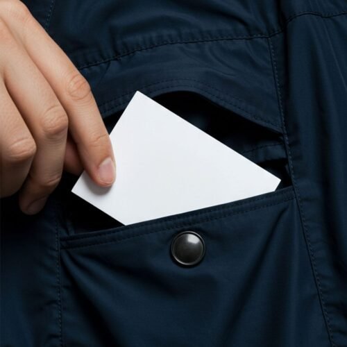 A hand sliding a pink business card mockup into the front pocket of a dark blue coat.