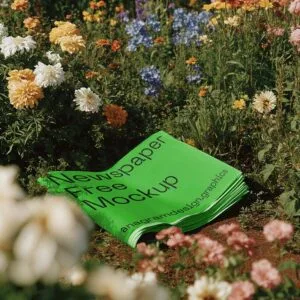 A fluorescent green newspaper mockup lies in a field of colorful wildflowers.