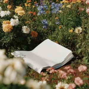 A blank newspaper mockup lies in a field of colorful wildflowers.