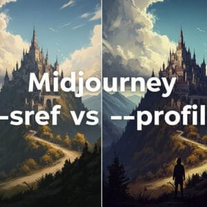 ai image picturing a castle illustration with 'Midhourney --sref vs -profile' writing on it