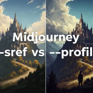 ai image picturing a castle illustration with 'Midhourney --sref vs -profile' writing on it