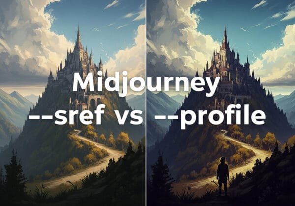 ai image picturing a castle illustration with 'Midhourney --sref vs -profile' writing on it