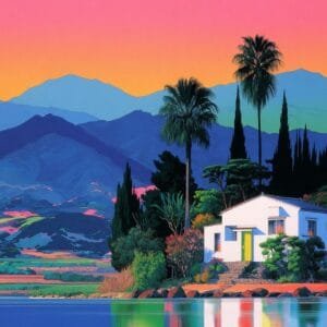A detailed illustration of a small white house by the water, surrounded by palm trees and lush vegetation. In the background, blue mountains are set against a pink and orange sky.