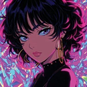 A close-up anime portrait of a woman with short, curly black hair and striking purple eyes, wearing a black choker and large gold hoop earrings. The background is an abstract, glowing holographic pattern of magenta and cyan facets.