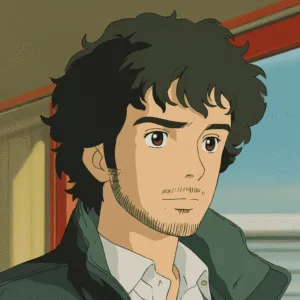 A close-up, anime-style portrait of a young man with dark, curly hair and a light beard.