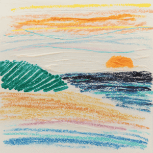 A crayon drawing of a beach scene. It shows blue waves, orange sand, green hills, and an orange sunset. The colors are highly textured, and the wide strokes give it a raised, layered look.