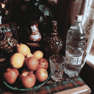 A still life composed of a bowl of apples and lemons, a water bottle, an empty glass, and leopard-print vases, all on a plaid tablecloth.