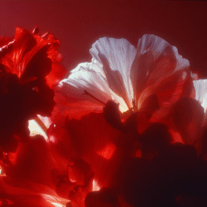 Close-up photo of flowers in intense red light, where one central petal glows almost white due to backlighting.