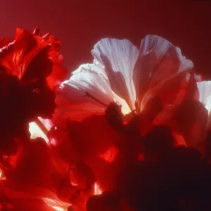 Close-up photo of flowers in intense red light, where one central petal glows almost white due to backlighting.