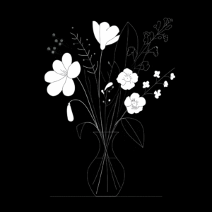 Minimalist black and white illustration of a flower bouquet in a vase, using fine white lines on a black background.