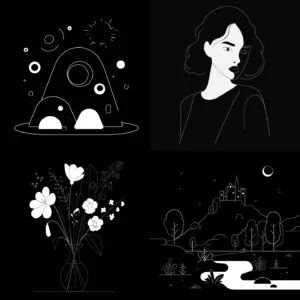 Minimalist black and white vector illustration of a woman's portrait with wavy hair and stark shadows.