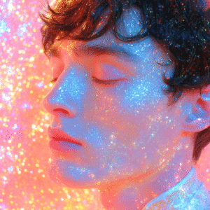 Close-up portrait of a man with eyes closed, his face and background covered in glittering, pink and blue light reflections.