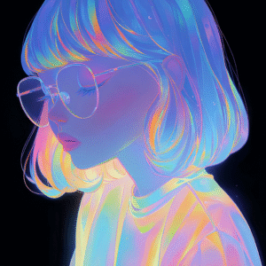 Anime-style portrait of a young woman with glasses, illuminated by a glowing, iridescent, multicolored light effect.