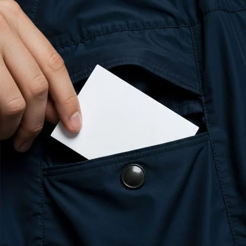 A hand sliding a pink business card mockup into the front pocket of a dark blue coat.