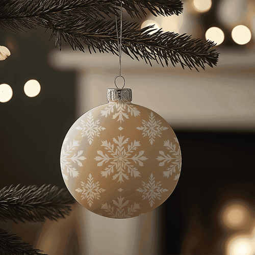 Christmas ball on a Christmas tree, fire place living room in the background, free mockup