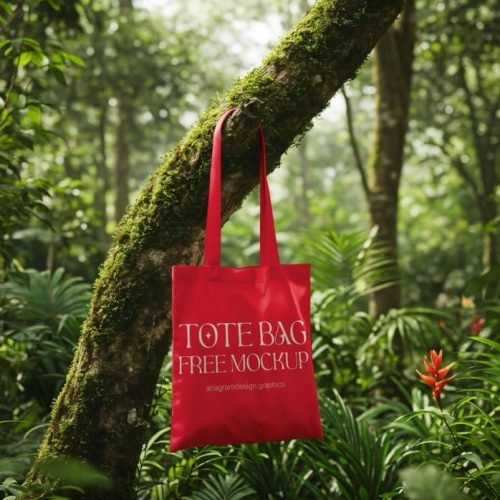 free Tote bag mockup on a Tree branch in the jungle