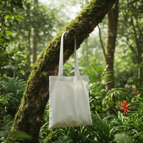 free Tote bag mockup on a Tree branch in the jungle