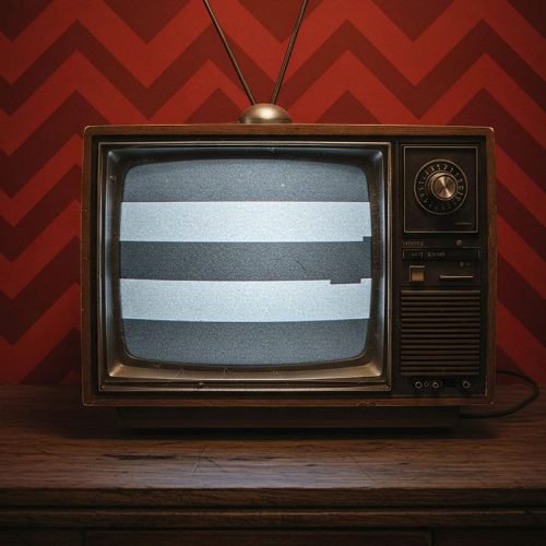 60s CRT tv with a glitched screen and a red pattern wallpaper