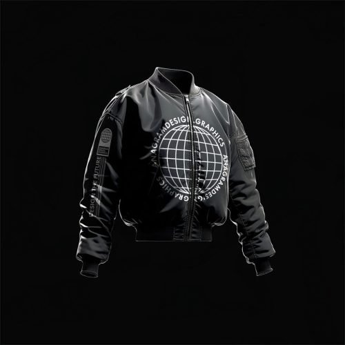 black Bombers jacket floating in the air, backlight