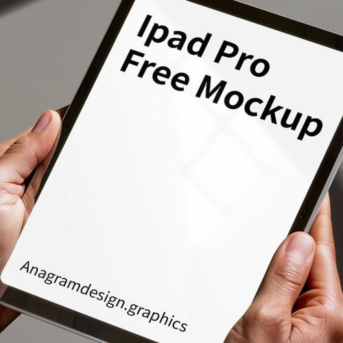 hands holding an iPad Pro mockup, blurry gray background
