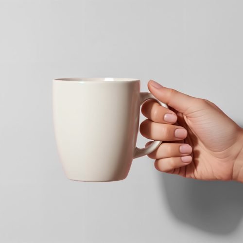 Woman's hand holding a blank coffee mug mockup