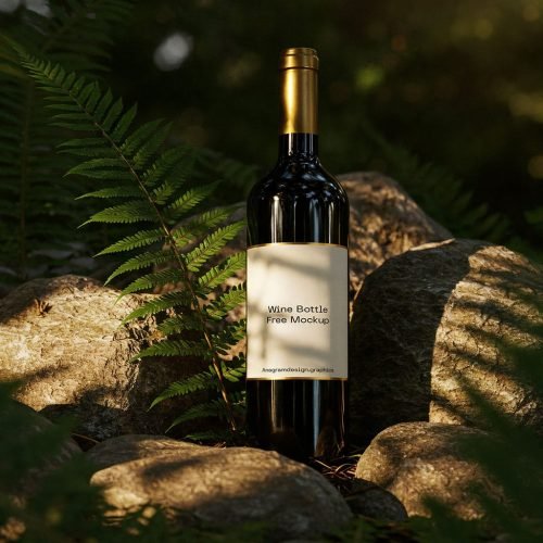 bottle of wine display on rocks, natural sunlight