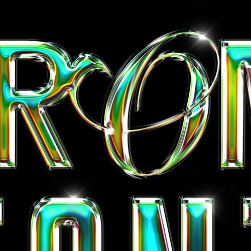 Close up on a font with a chrome iridescent effect on it