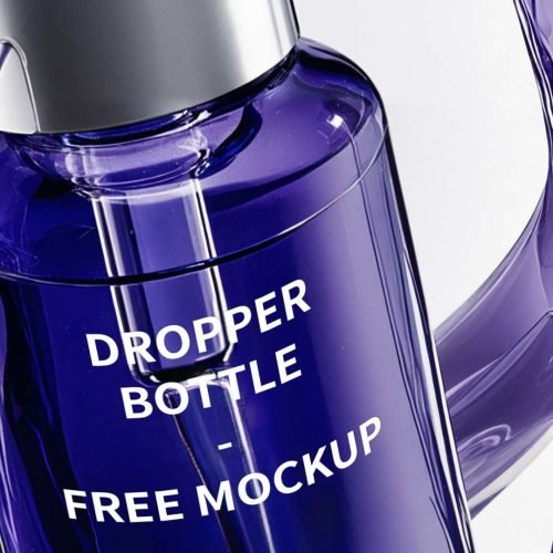 Dropper bottle free Mockup, beauty, cosmetic and elegant blue tones, liquid spining around
