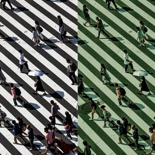 people walking on a crossing with a matrix filter