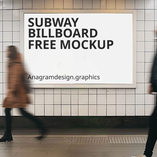 Advertisement billboard in a subway alley. blurry people