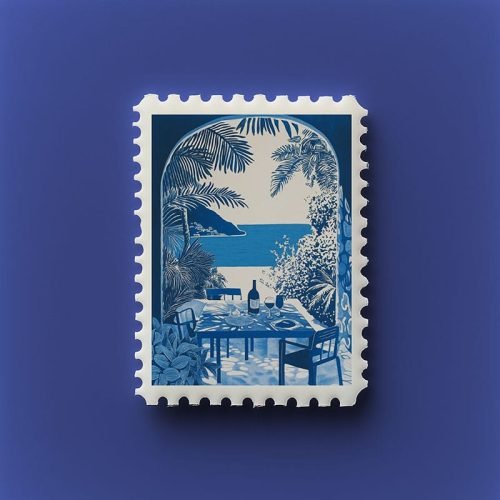 stamp mockup with a blue mediterranean illustration